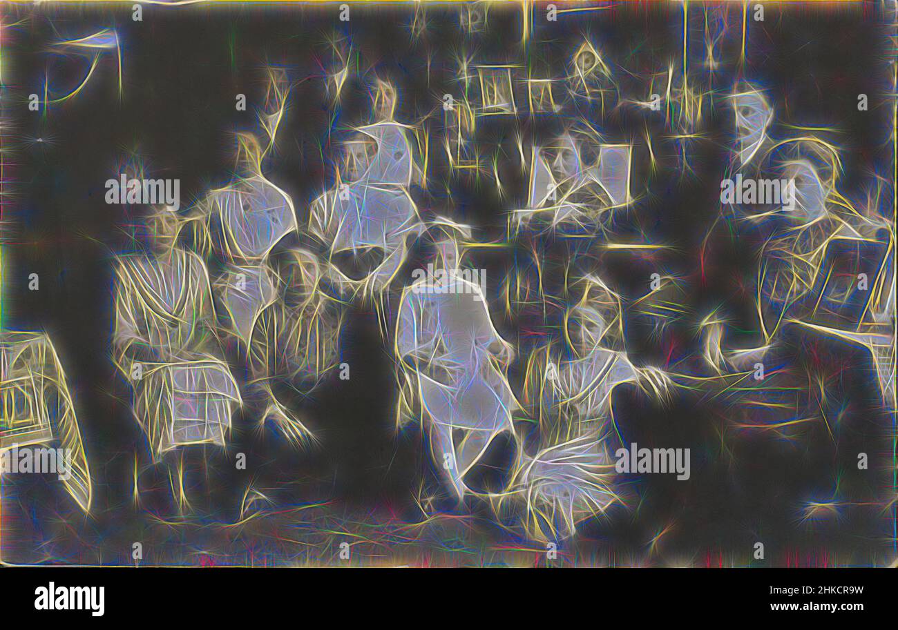 Inspiré par Portrait d'une famille dans un salon, c. 1900 - c. 1920, imprimé gélatine argent, hauteur 88 mm × largeur 139 mm, repensé par Artotop. L'art classique réinventé avec une touche moderne. Conception de lumière chaleureuse et gaie, de luminosité et de rayonnement de lumière. La photographie s'inspire du surréalisme et du futurisme, embrassant l'énergie dynamique de la technologie moderne, du mouvement, de la vitesse et révolutionne la culture Banque D'Images