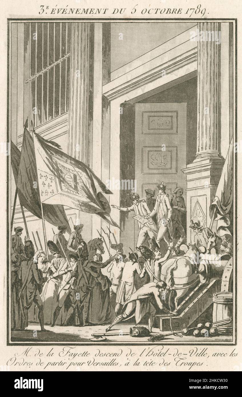 Gravure antique de la fin du 18th siècle représentant le marquis de Lafayette descendant les marches de l'Hôtel de ville, avec des ordres de partir pour Versailles à la tête des troupes.Gravure de Jean-François Janinet (1752-1814).SOURCE : GRAVURE D'ORIGINE Banque D'Images