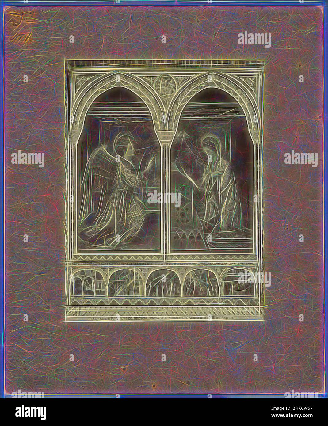 Inspiré par FRA Angelico, représentant l'Annonciation, BRESCIA - Chiesa di S. Alessandro. L'Annunziazione, Alinari, après: FRA Angelico, Chiesa di Sant'Alessandroafter: Florence, c. 1875 - c. 1900, imprimé albumine, hauteur 251 mm × largeur 190 mm, repensé par Artotop. L'art classique réinventé avec une touche moderne. Conception de lumière chaleureuse et gaie, de luminosité et de rayonnement de lumière. La photographie s'inspire du surréalisme et du futurisme, embrassant l'énergie dynamique de la technologie moderne, du mouvement, de la vitesse et révolutionne la culture Banque D'Images
