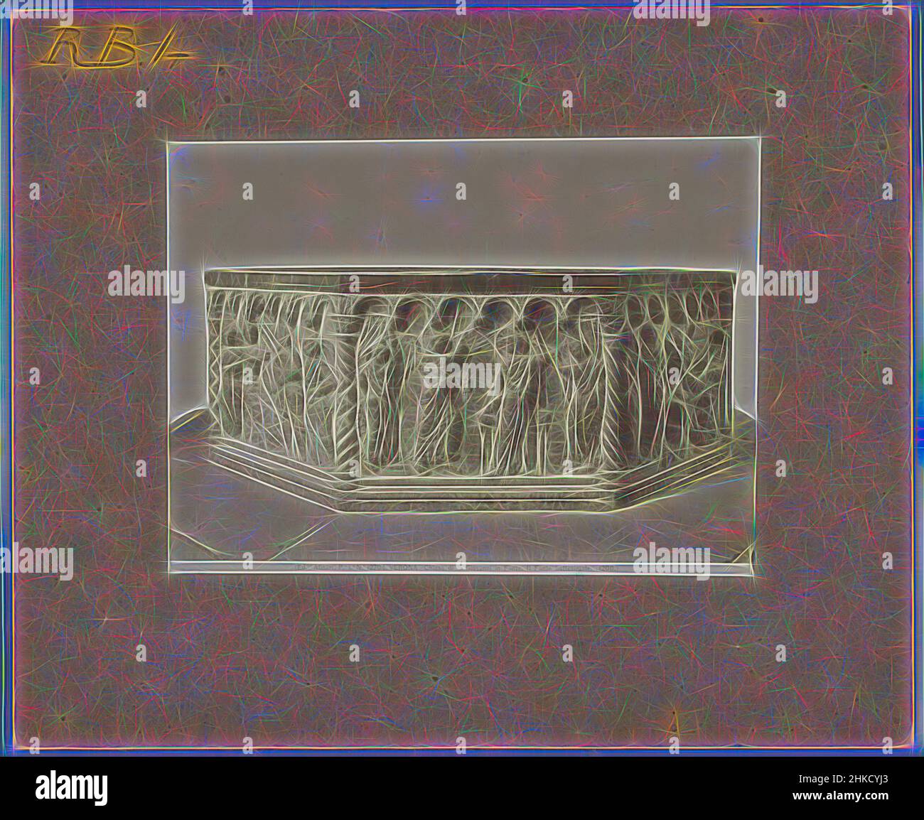 Inspiré par le détail de la chaire de l'église Saint Andrew à Pistoia par Giovanni Pisano, représentant la crucifixion du Christ, PISTOIA - Chiesa di S. Andrea. Detaglio del pulpito, la Crocifissione. (Giovanni Pisano.), Alinari, Sint-Andreaskerk, 1875 - 1900, imprimé albumine, Hauteur 190 mm × largeur, repensé par Artotop. L'art classique réinventé avec une touche moderne. Conception de lumière chaleureuse et gaie, de luminosité et de rayonnement de lumière. La photographie s'inspire du surréalisme et du futurisme, embrassant l'énergie dynamique de la technologie moderne, du mouvement, de la vitesse et révolutionne la culture Banque D'Images