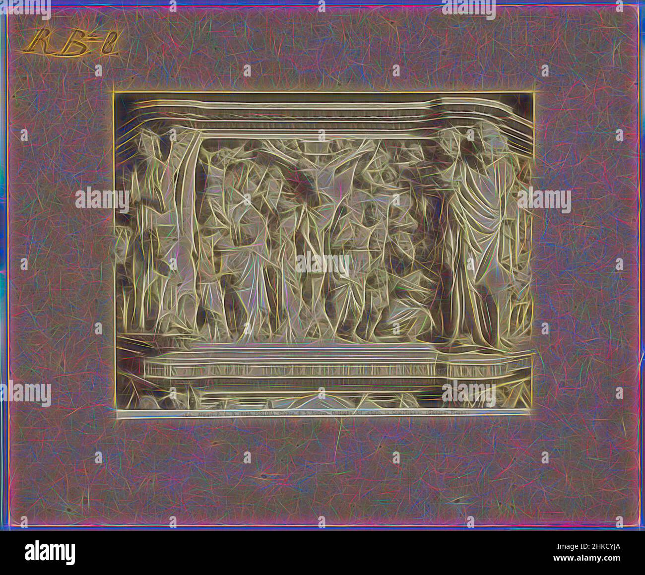 Inspiré par le détail de la chaire de l'église Saint Andrew à Pistoia par Giovanni Pisano, représentant l'adoration du Christ et de Marie, PISTOIA - Chiesa di S. Andrea. Dettaglio del pulpito, l'adorazione dei Re Magi. (Giovanni Pisano.), Alinari, Sint-Andreaskerk, 1875 - 1900, imprimé albumine, Hauteur, repensée par Artotop. L'art classique réinventé avec une touche moderne. Conception de lumière chaleureuse et gaie, de luminosité et de rayonnement de lumière. La photographie s'inspire du surréalisme et du futurisme, embrassant l'énergie dynamique de la technologie moderne, du mouvement, de la vitesse et révolutionne la culture Banque D'Images