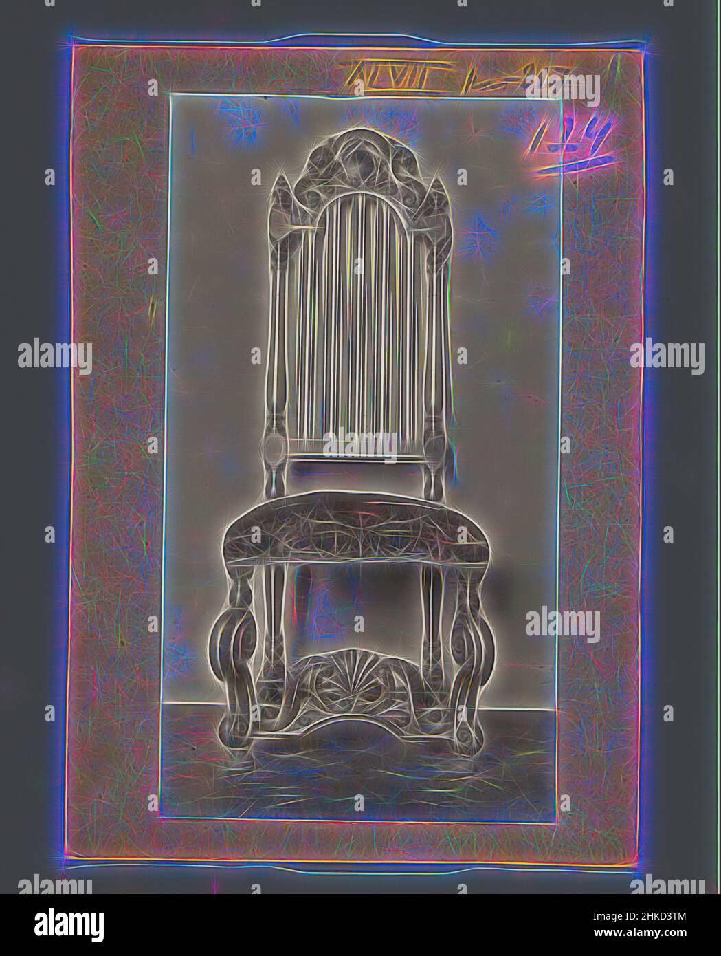Inspiré par la chaise de noyer décorée de S-volutes, feuille d'acanthus et bouclier en forme de coeur dans le Rijksmuseum à Amsterdam, Rijksmuseum Amsterdam, c. 1875 - c. 1900, hauteur 150 mm × largeur 82 mm, repensé par Artotop. L'art classique réinventé avec une touche moderne. Conception de lumière chaleureuse et gaie, de luminosité et de rayonnement de lumière. La photographie s'inspire du surréalisme et du futurisme, embrassant l'énergie dynamique de la technologie moderne, du mouvement, de la vitesse et révolutionne la culture Banque D'Images
