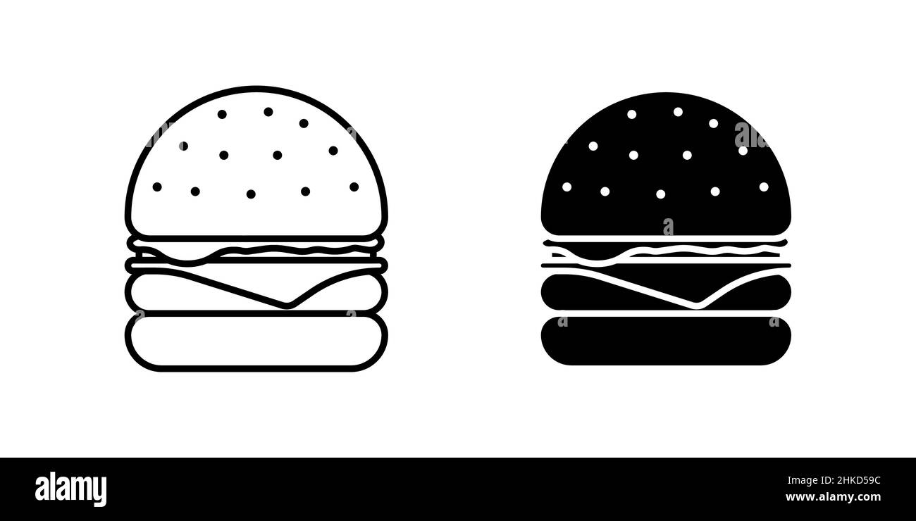 Ensemble d'icônes isolées hamburger Fast Food.Hamburger aux tomates, arc, légumes verts, côtelettes de bœuf poêlées juteuses, tranche de fromage dans un pain grillé avec sauce.Illustration eps de Cheeseburger noir à vecteur plat Illustration de Vecteur