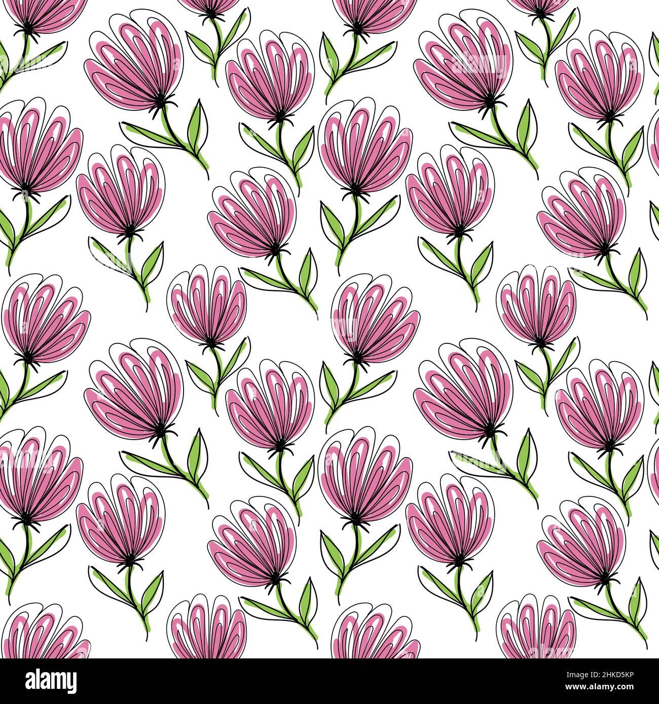 Un motif de fleurs sans couture, des éléments dessinés à la main de style caniche. Fleurs, bourgeons et petits pois. Motifs noirs avec taches roses et vertes. Illustration de Vecteur