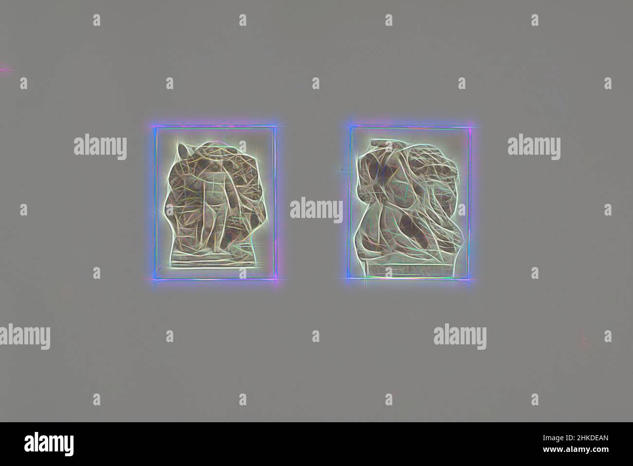 Inspiré par des modèles de Plaster pour sculptures au Palais du Louvre : gauche la Vendange par Jacques François Walcher et droite la Force par Georges Clière, partie de la Réunion des Tuileries au Louvre 1852-1857, album 1., Édouard Denis Baldus, Jacques François Walcher, Paris, c. 1855 - c. 1857, papier, salé, réimaginé par Artotop. L'art classique réinventé avec une touche moderne. Conception de lumière chaleureuse et gaie, de luminosité et de rayonnement de lumière. La photographie s'inspire du surréalisme et du futurisme, embrassant l'énergie dynamique de la technologie moderne, du mouvement, de la vitesse et révolutionne la culture Banque D'Images
