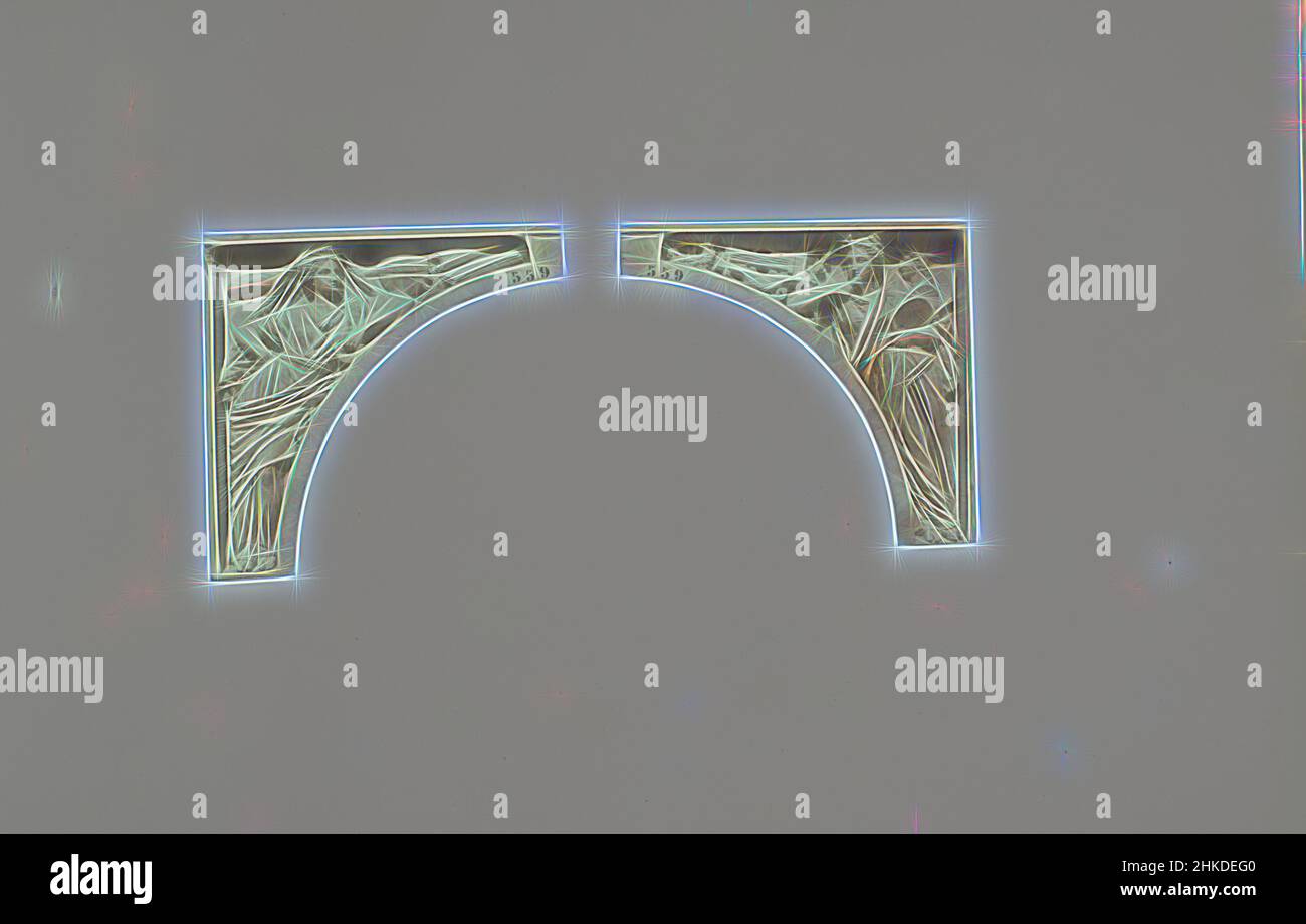 Inspiré par des modèles de plâtre pour sculptures au Palais du Louvre : gauche la Science moderne par Emile Knecht et droite l'Art par Emile Seurre, partie de la Réunion des Tuileries au Louvre 1852-1857, album 1., Édouard Denis Baldus, Frédéric Emile Knecht, Paris, c. 1855 - c. 1857, papier, imprimé en papier salé, repensé par Artotop. L'art classique réinventé avec une touche moderne. Conception de lumière chaleureuse et gaie, de luminosité et de rayonnement de lumière. La photographie s'inspire du surréalisme et du futurisme, embrassant l'énergie dynamique de la technologie moderne, du mouvement, de la vitesse et révolutionne la culture Banque D'Images