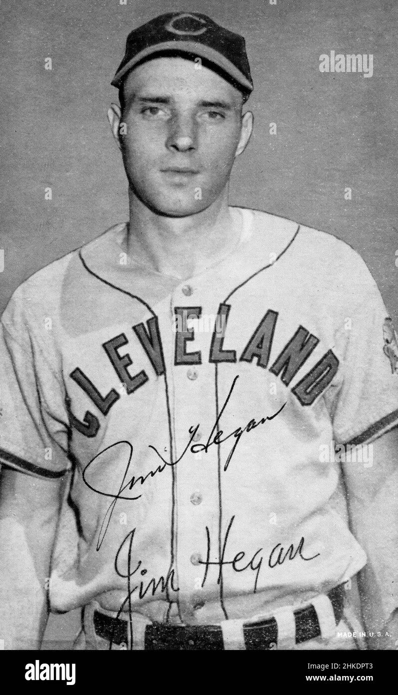 Carte de base-ball de l'exposition Era 1950s de Jim hegan avec les Cleveland Indians. Banque D'Images