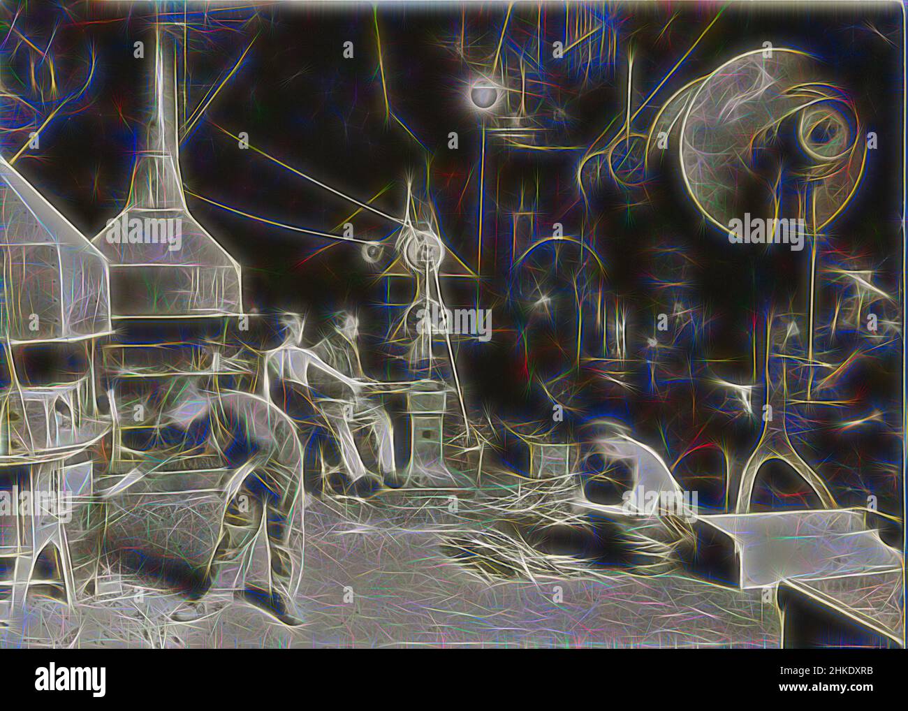 Inspiré par les travailleurs d'une usine de travail des métaux, dont trois enfants, photo de presse., France, c. 1910, papier baryta, imprimé en gélatine argentée, hauteur 129 mm × largeur 179 mm, repensé par Artotop. L'art classique réinventé avec une touche moderne. Conception de lumière chaleureuse et gaie, de luminosité et de rayonnement de lumière. La photographie s'inspire du surréalisme et du futurisme, embrassant l'énergie dynamique de la technologie moderne, du mouvement, de la vitesse et révolutionne la culture Banque D'Images