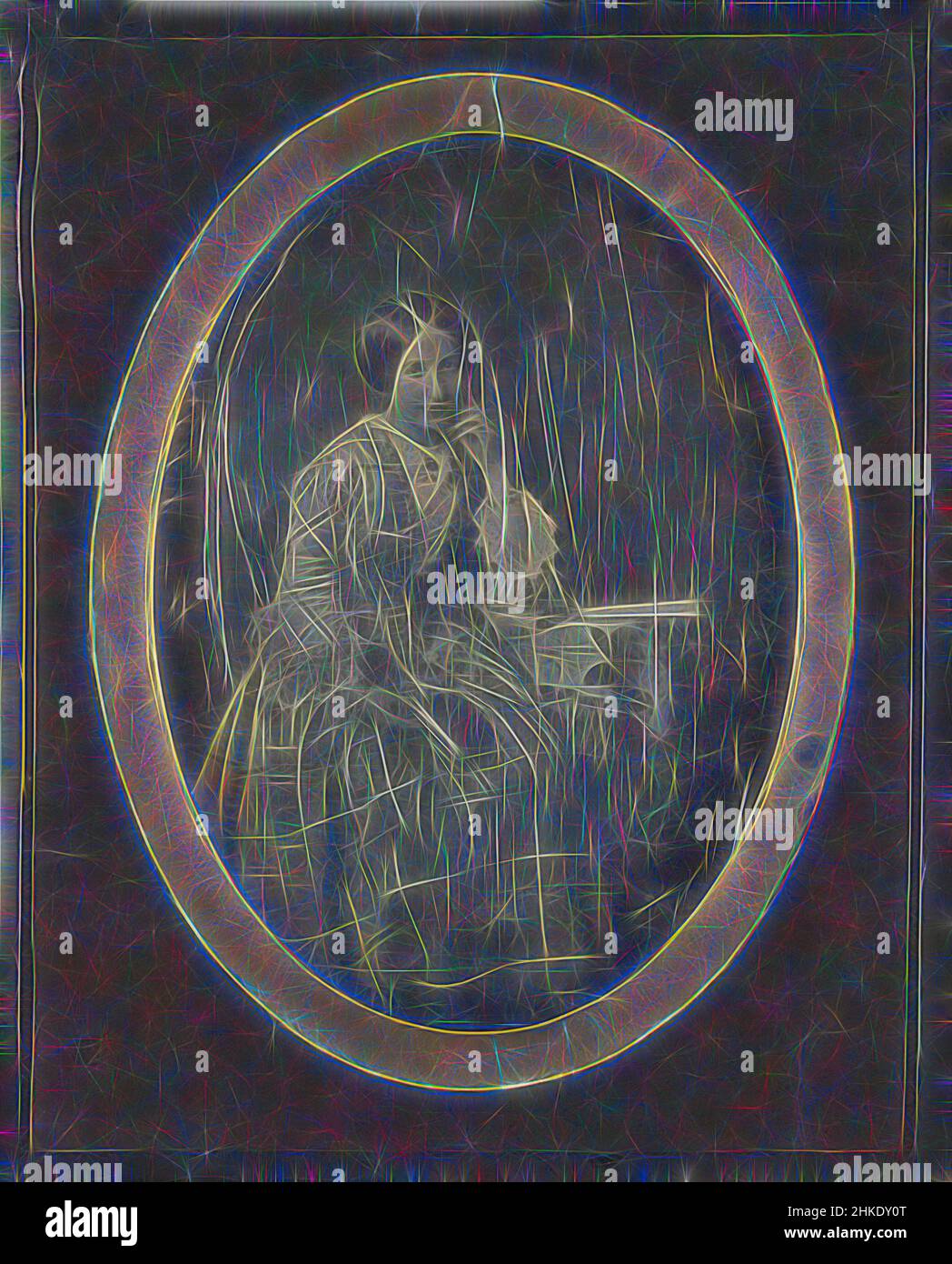 Inspiré par Portrait d'une jeune femme inconnue, peut-être Sara van Lennep, c. 1845 - c. 1850, cuivre (métal), verre, repensé par Artotop. L'art classique réinventé avec une touche moderne. Conception de lumière chaleureuse et gaie, de luminosité et de rayonnement de lumière. La photographie s'inspire du surréalisme et du futurisme, embrassant l'énergie dynamique de la technologie moderne, du mouvement, de la vitesse et révolutionne la culture Banque D'Images