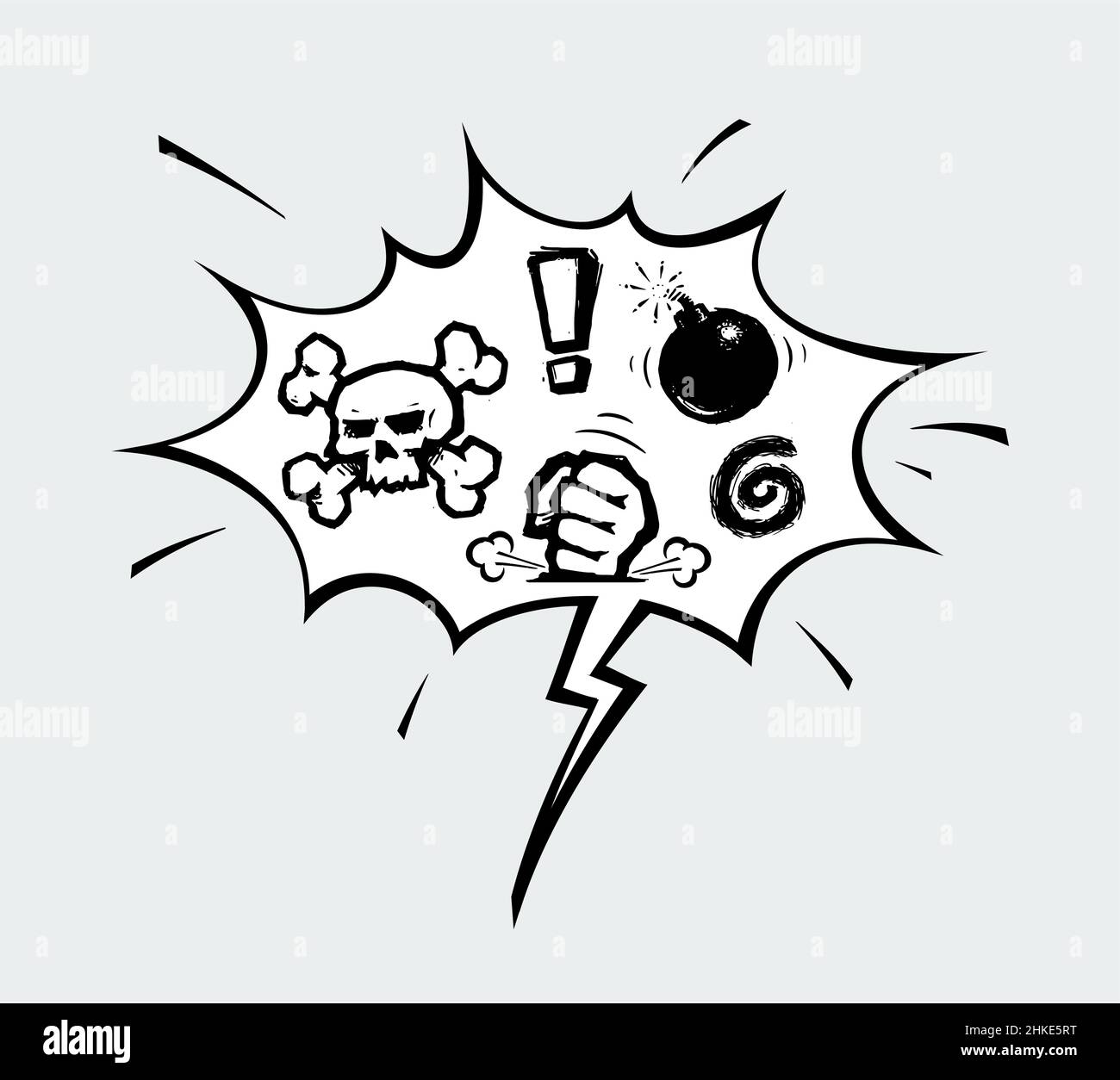Illustration vectorielle icône d'une bulle de dessin animé avec des symboles Sculpl et Bone, Bomb, Fist frappant la surface, Spiral et point d'exclamation.Tous les éléments proprement Illustration de Vecteur