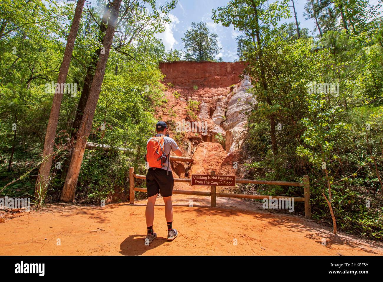 Lumpkin, Géorgie, États-Unis- 6 juin 2021 : un randonneur mâle prenant des photos de téléphone cellulaire dans l'un des canyons du parc national de Providence Canyon, dans le sud-ouest de la Géorgie. Banque D'Images