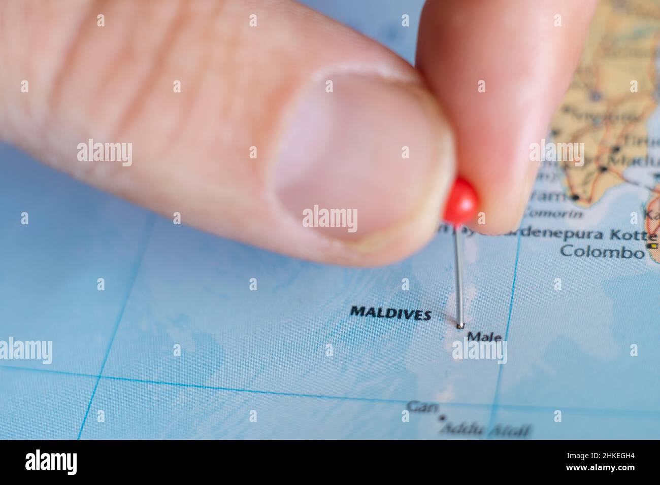 Maldives PIN sur une carte du monde.République des Maldives planification de destination de voyage épinglé Banque D'Images
