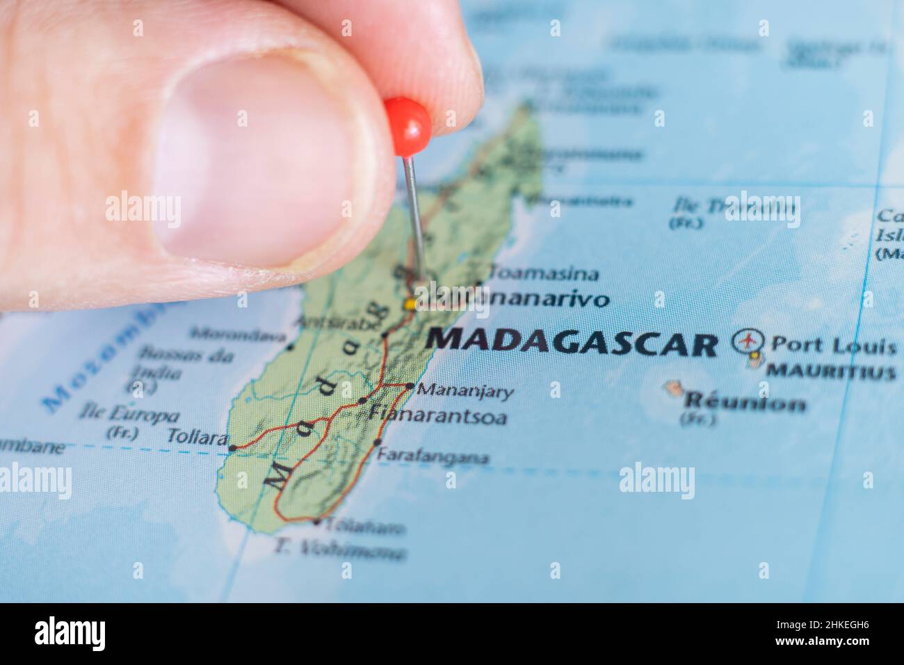 Madagascar épingler sur une carte du monde.République de Madagascar planification de destination de voyage épinglé Banque D'Images