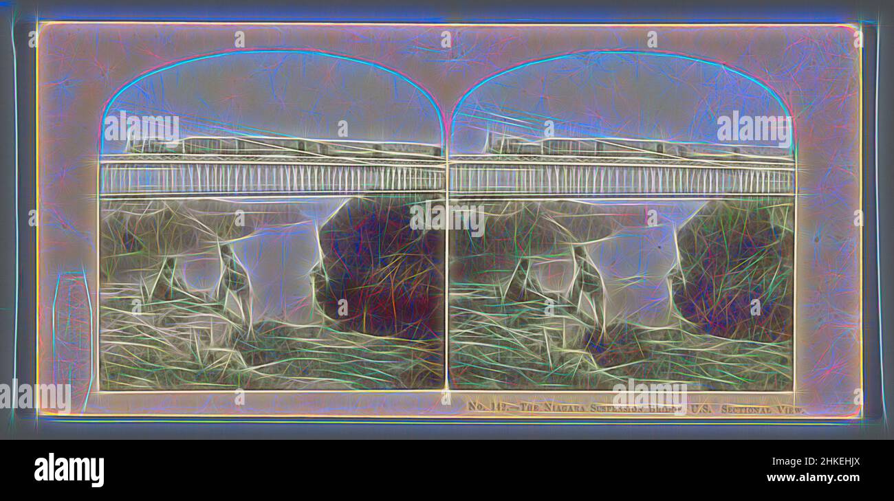 Inspiré par le pont suspendu au-dessus des chutes du Niagara vu des États-Unis, le pont suspendu du Niagara, U.S. Sectional View, États-Unis d'Amérique, William England, éditeur: The London Stereoscopic Company, Niagara Falls, éditeur: London, 1859, papier, Imprimé albumine, hauteur 83 mm, réimaginé par Artotop. L'art classique réinventé avec une touche moderne. Conception de lumière chaleureuse et gaie, de luminosité et de rayonnement de lumière. La photographie s'inspire du surréalisme et du futurisme, embrassant l'énergie dynamique de la technologie moderne, du mouvement, de la vitesse et révolutionne la culture Banque D'Images