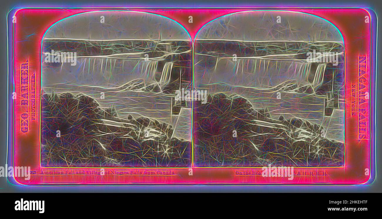 Inspiré par la vue des chutes américaines et de la ville de Niagara Falls, vue du Canada, American Fall et Village of Niagara Falls du Canada, sur la ligne de la N.Y.C. et H.R.R., Niagara Falls, New York, George Barker, Niagara Falls, 1863 - 1894, papier, imprimé albumine, hauteur 87 mm × largeur 176 mm, réimaginé par Artotop. L'art classique réinventé avec une touche moderne. Conception de lumière chaleureuse et gaie, de luminosité et de rayonnement de lumière. La photographie s'inspire du surréalisme et du futurisme, embrassant l'énergie dynamique de la technologie moderne, du mouvement, de la vitesse et révolutionne la culture Banque D'Images