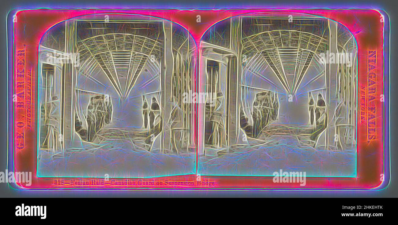Inspiré par l'armée canadienne qui garde le pont suspendu près des chutes Niagara au moment des raids de Fenian, RAID de Fenian - Garde canadienne sur le pont suspendu, Niagara Falls, New York, George Barker, pont suspendu de Niagara Falls, 1866 - 1871, papier, imprimé albumine, hauteur 85 mm × largeur 174 mm, Repensé par Artotop. L'art classique réinventé avec une touche moderne. Conception de lumière chaleureuse et gaie, de luminosité et de rayonnement de lumière. La photographie s'inspire du surréalisme et du futurisme, embrassant l'énergie dynamique de la technologie moderne, du mouvement, de la vitesse et révolutionne la culture Banque D'Images