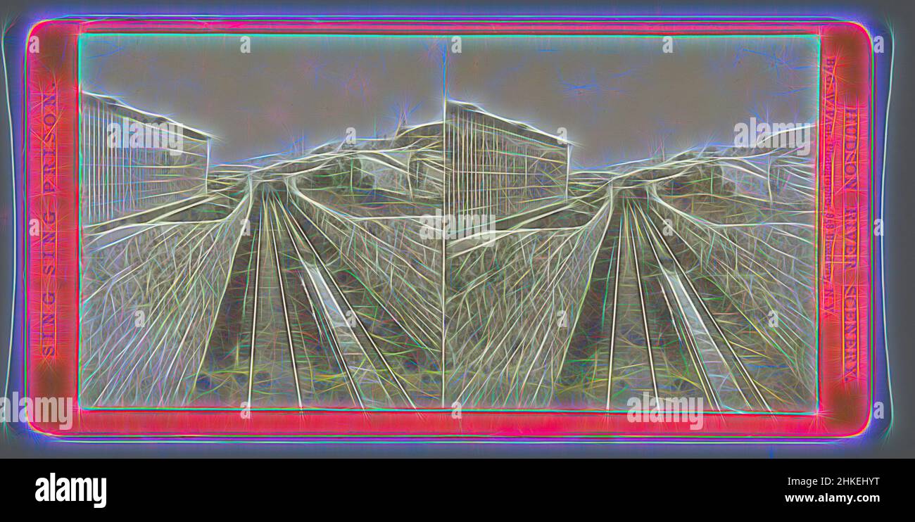Inspiré par la vue de la piste de train au centre correctionnel de Sing Sing, à regarder vers le nord, à la prison de Sing Sing, aux paysages de la rivière Hudson, G.W. Pach, Ossining, 1871 - 1877, papier, imprimé albumine, Hauteur 87 mm × largeur 176 mm, repensé par Artotop. L'art classique réinventé avec une touche moderne. Conception de lumière chaleureuse et gaie, de luminosité et de rayonnement de lumière. La photographie s'inspire du surréalisme et du futurisme, embrassant l'énergie dynamique de la technologie moderne, du mouvement, de la vitesse et révolutionne la culture Banque D'Images