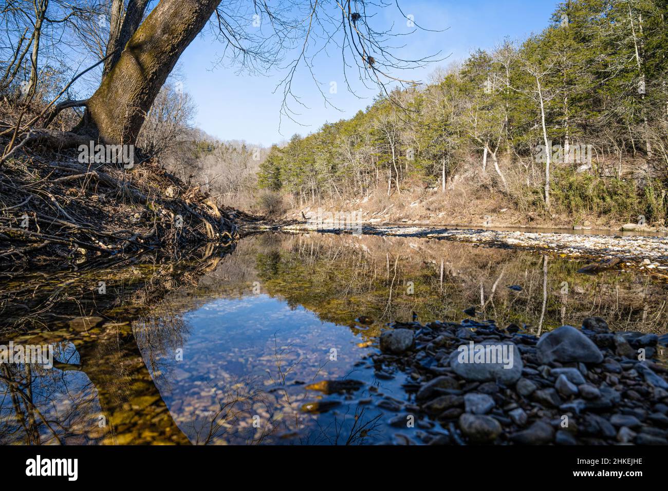 Un paysage de ruisseau relaxant à Fireside Retreats sur South Sylamore Creek dans les montagnes Ozark à Mountain View, Arkansas.(ÉTATS-UNIS) Banque D'Images