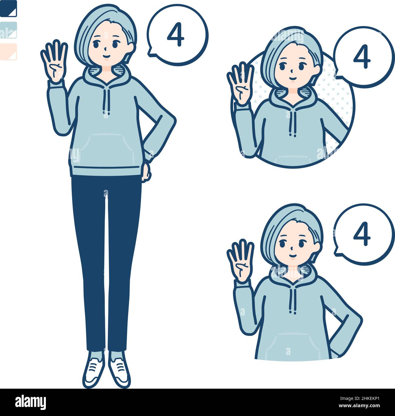 Une jeune femme dans un sweat à capuche avec compter comme 4 images.c'est l'art vectoriel pour qu'il soit facile à éditer. Illustration de Vecteur