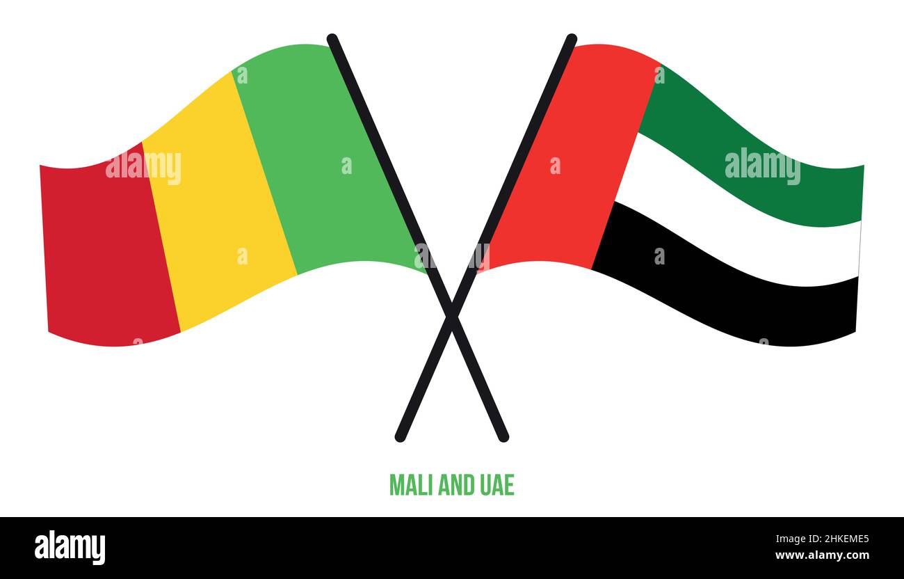 Drapeaux du Mali et des Émirats arabes Unis croisés et ondulés de style plat.Proportion officielle.Corriger les couleurs. Illustration de Vecteur