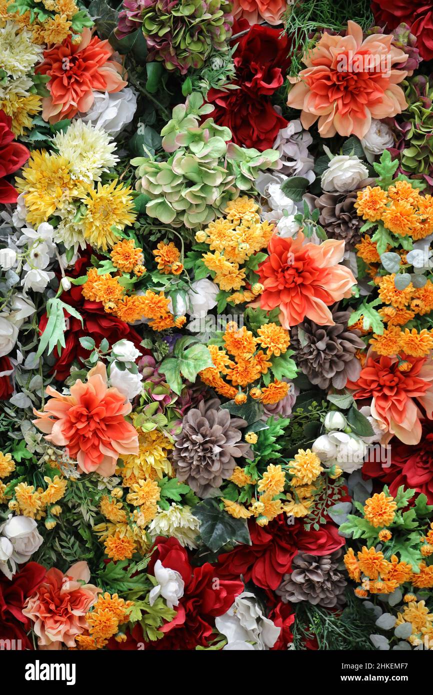 Photo pour le matériel de fond de mur coloré décoré avec beaucoup de fleurs artificielles Banque D'Images Photo pour le matériel de fond de mur coloré décoré avec beaucoup de fleurs artificielles Banque D'Images