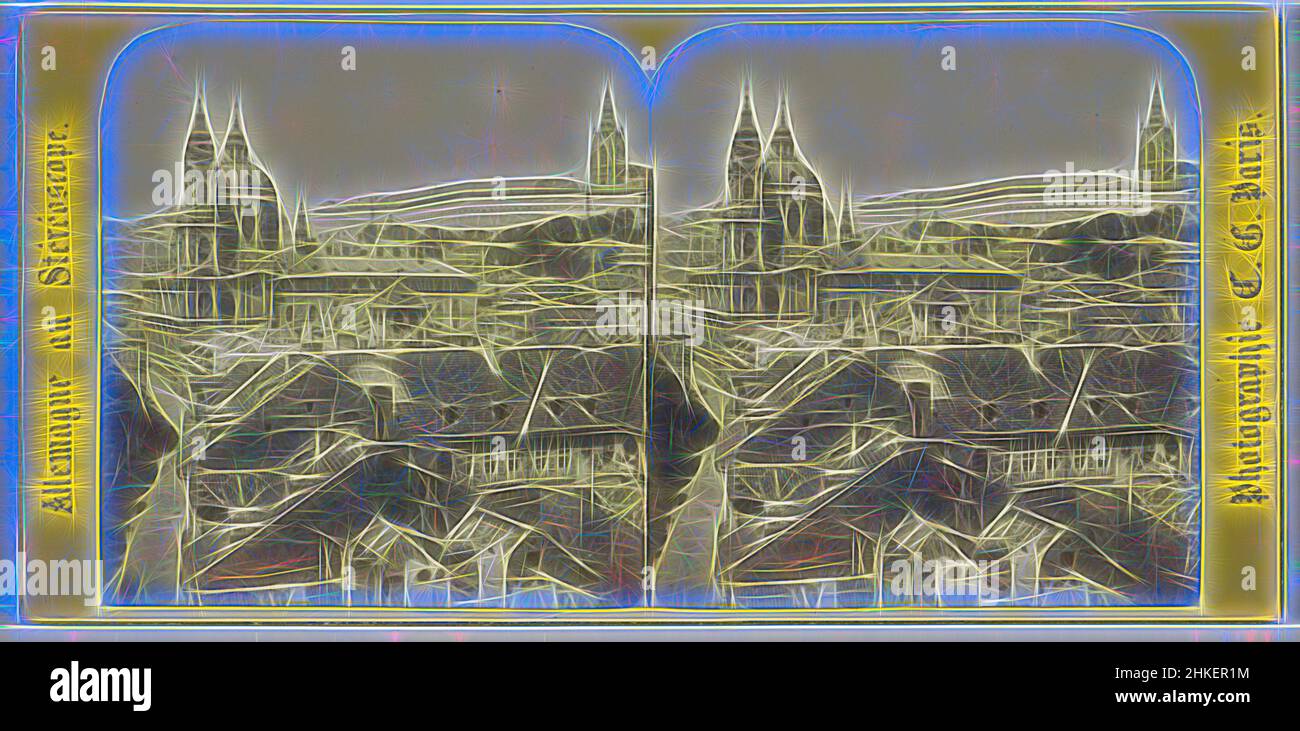 Inspiré par la vue de l'église Kostel svateho Mikuláše ou Saint-Nicolas et du château de Prague, Hradcany, Prague, Panorama sur la cathédrale et le Hradschin, Prague. Bohéme (Autriche), Allemagne au stéréoscope, Charles Gaudin, Praag, 1868, Papier, imprimé albumine, hauteur 85 mm × largeur 174 mm, repensé par Artotop. L'art classique réinventé avec une touche moderne. Conception de lumière chaleureuse et gaie, de luminosité et de rayonnement de lumière. La photographie s'inspire du surréalisme et du futurisme, embrassant l'énergie dynamique de la technologie moderne, du mouvement, de la vitesse et révolutionne la culture Banque D'Images