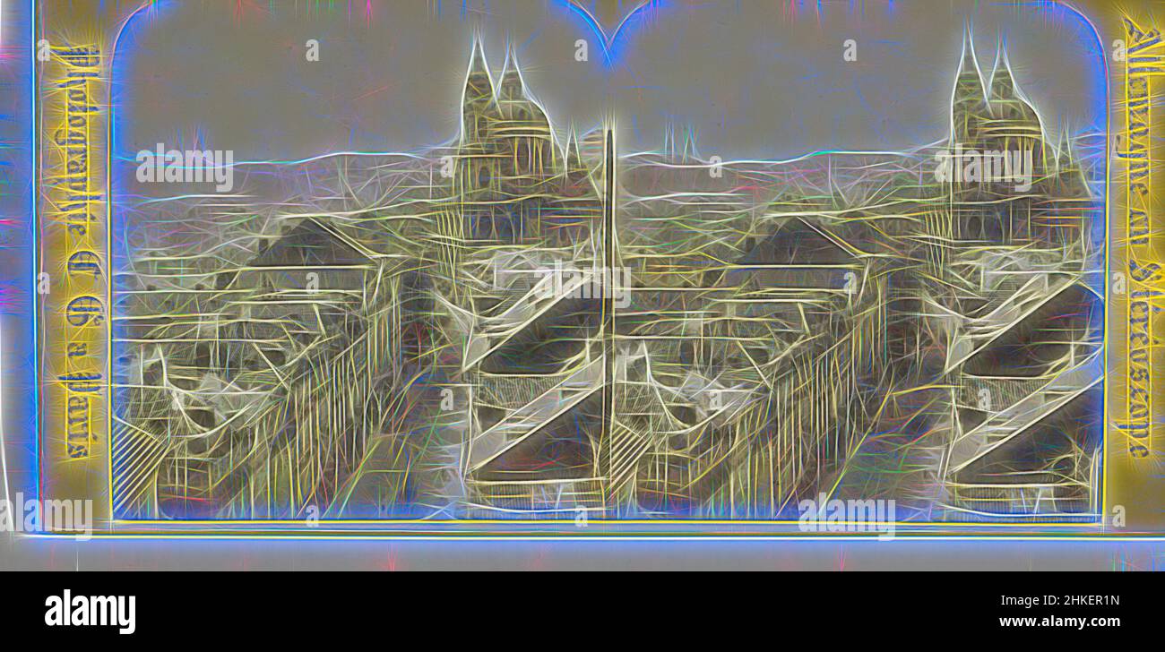 Inspiré par la vue de l'église Kostel svateho Mikuláše ou Saint-Nicolas, Malá Strana, Prague, Panorama sur la Kleonette et la cathédrale, Prague. Bohéme (Autriche), Allemagne au stéréoscope, Charles Gaudin, Praag, 1868, Papier, imprimé albumine, hauteur 84 mm × largeur 174 mm, repensé par Artotop. L'art classique réinventé avec une touche moderne. Conception de lumière chaleureuse et gaie, de luminosité et de rayonnement de lumière. La photographie s'inspire du surréalisme et du futurisme, embrassant l'énergie dynamique de la technologie moderne, du mouvement, de la vitesse et révolutionne la culture Banque D'Images