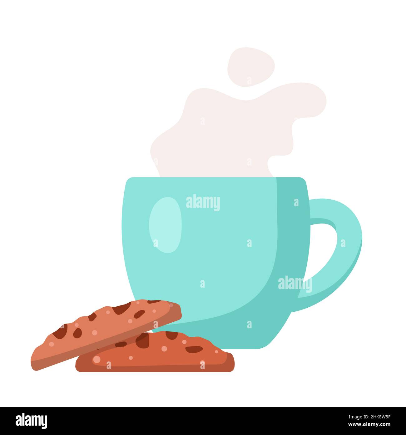 Tasse avec boisson chaude et biscuits, illustration vectorielle de style dessin animé plat.Tasse de café, de cacao ou de thé avec ruisseau.Petit déjeuner savoureux ou pause café Illustration de Vecteur
