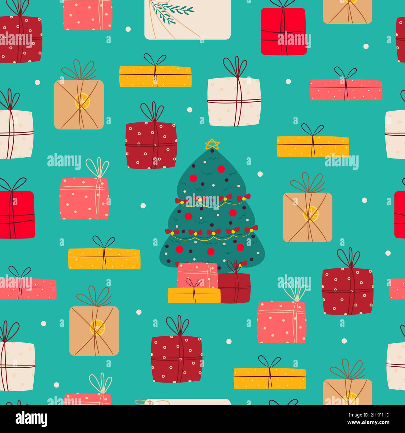 Boîtes-cadeaux sous le motif sans couture de l'arbre de Noël.Style de dessin animé plat à imprimé vectoriel Illustration de Vecteur