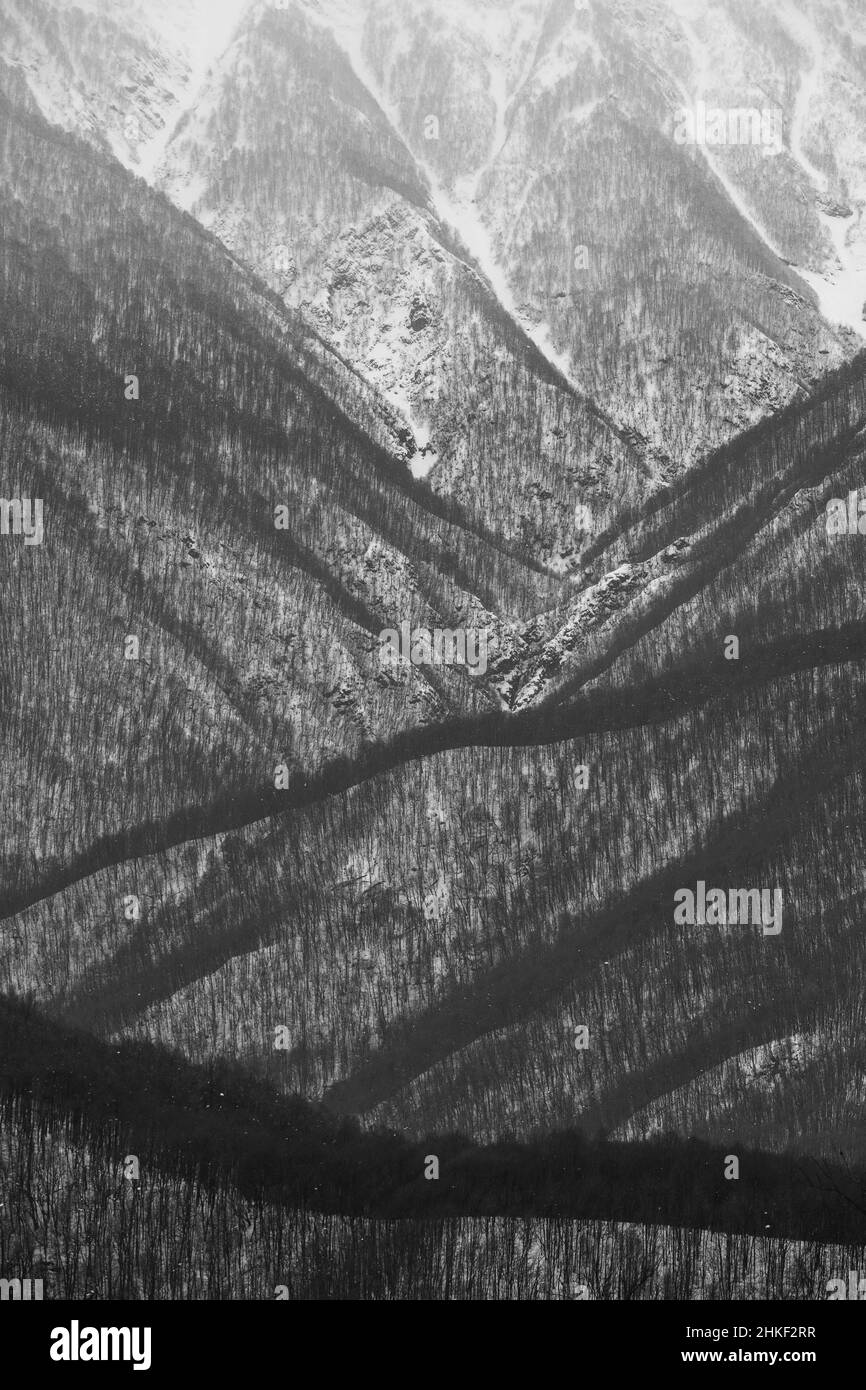 Pistes de montagne à Krasnaya Polyana pendant la chute de neige Banque D'Images