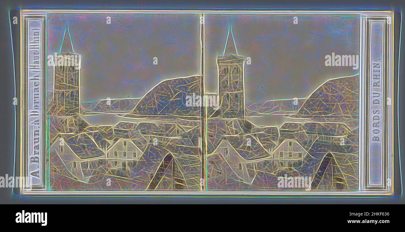 Inspiré par la vue de Wellmich à Sankt Goarshausen sur le Rhin. Au premier plan, la tour de l'église Saint-Martin, Welmich et Saint-Goar, Bords du Rhin, éditeur: Adolphe Braun & Cié., Sankt Goarshausen, éditeur: Dornach, 1860 - 1866, papier, Imprimé albumine, hauteur 85 mm × largeur 175 mm, repensé par Artotop. L'art classique réinventé avec une touche moderne. Conception de lumière chaleureuse et gaie, de luminosité et de rayonnement de lumière. La photographie s'inspire du surréalisme et du futurisme, embrassant l'énergie dynamique de la technologie moderne, du mouvement, de la vitesse et révolutionne la culture Banque D'Images