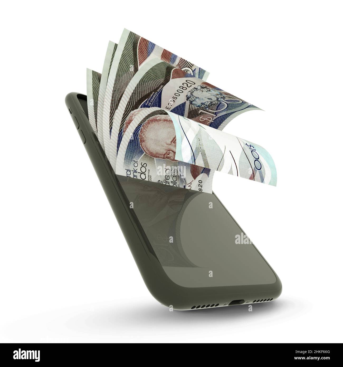 3D retrait de billets de la Barbade dollar à l'intérieur d'un téléphone portable isolé sur fond blanc Banque D'Images