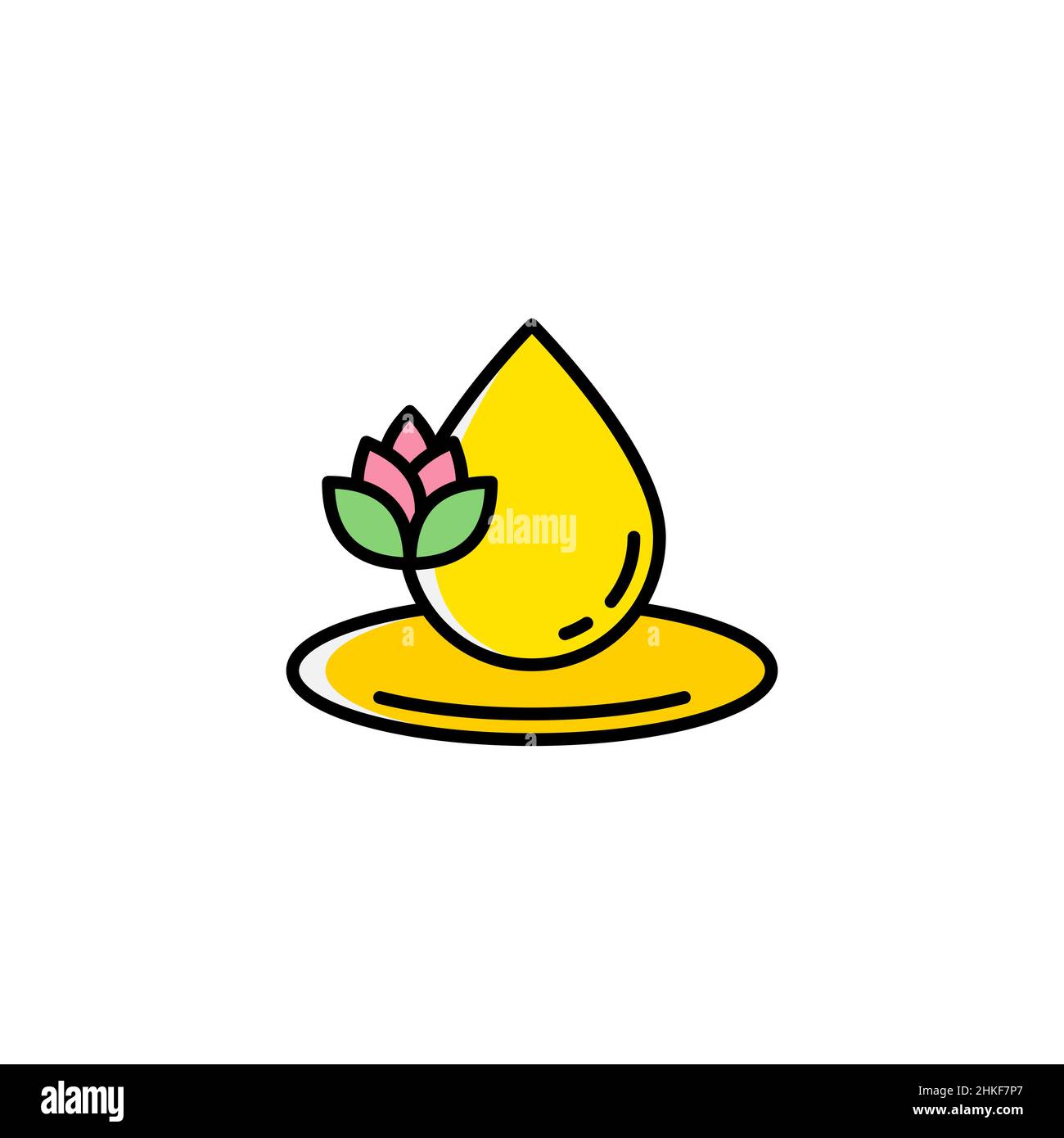 Icône de couleur de la goutte d'huile Essentials. Signe de style linéaire pour le concept mobile et le web design.Icône de vecteur de contour de fleur et de goutte.Symbole de soin spa, Illustration de Vecteur
