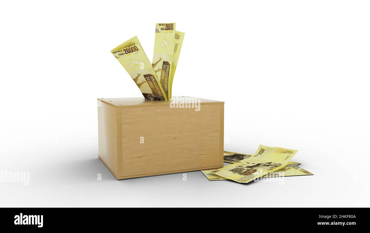 3D restitution de billets de Franc congolais dans une caisse d'épargne en bois Banque D'Images
