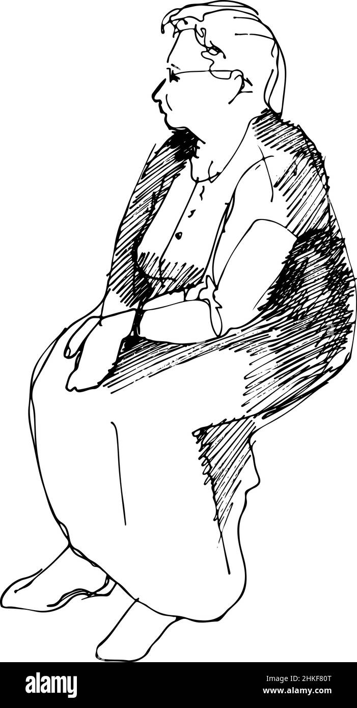 dessin noir et blanc d'une grand-mère assise au repos Banque D'Images