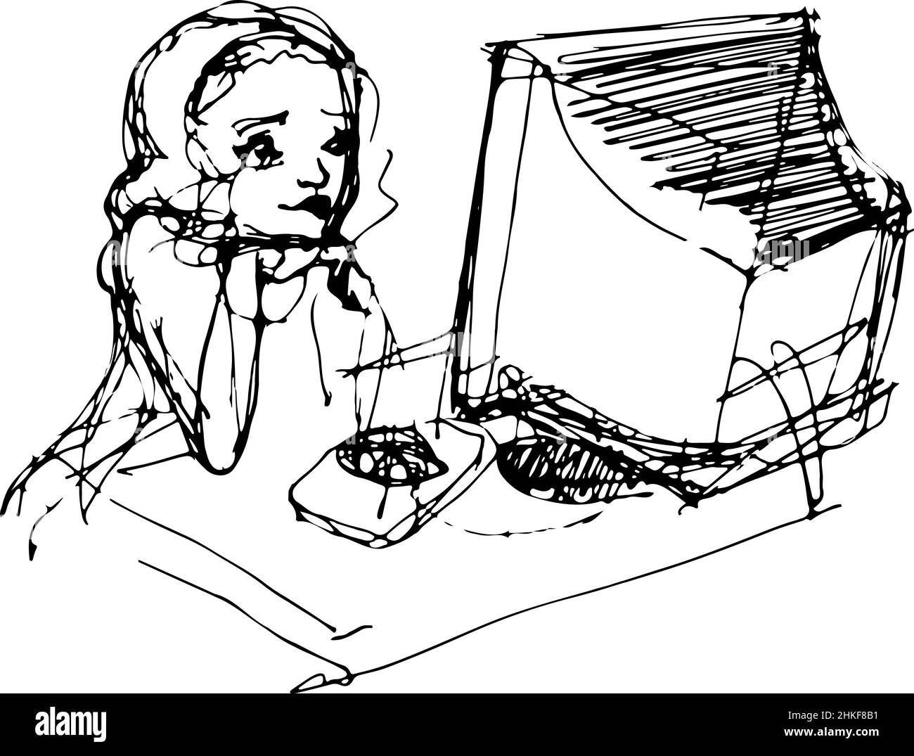 dessin vectoriel d'une jeune fille devant un moniteur avec une souris Banque D'Images