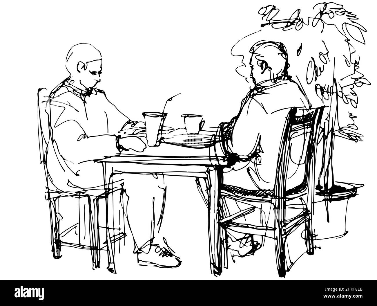 Croquis vectoriel des deux gars à la table buvant un cocktail Banque D'Images