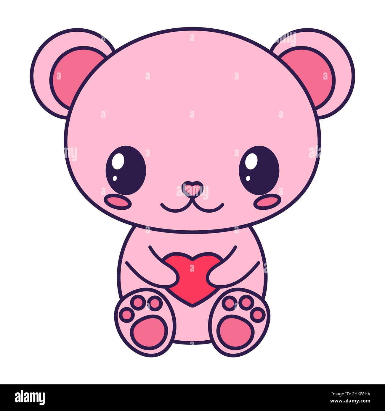 Ours emblématique de la Saint-Valentin kawaii.Symbole de l'amour dans un style pop-line tendance.Le joli ours au coeur est de couleur rose, rouge et corail.VEC Illustration de Vecteur
