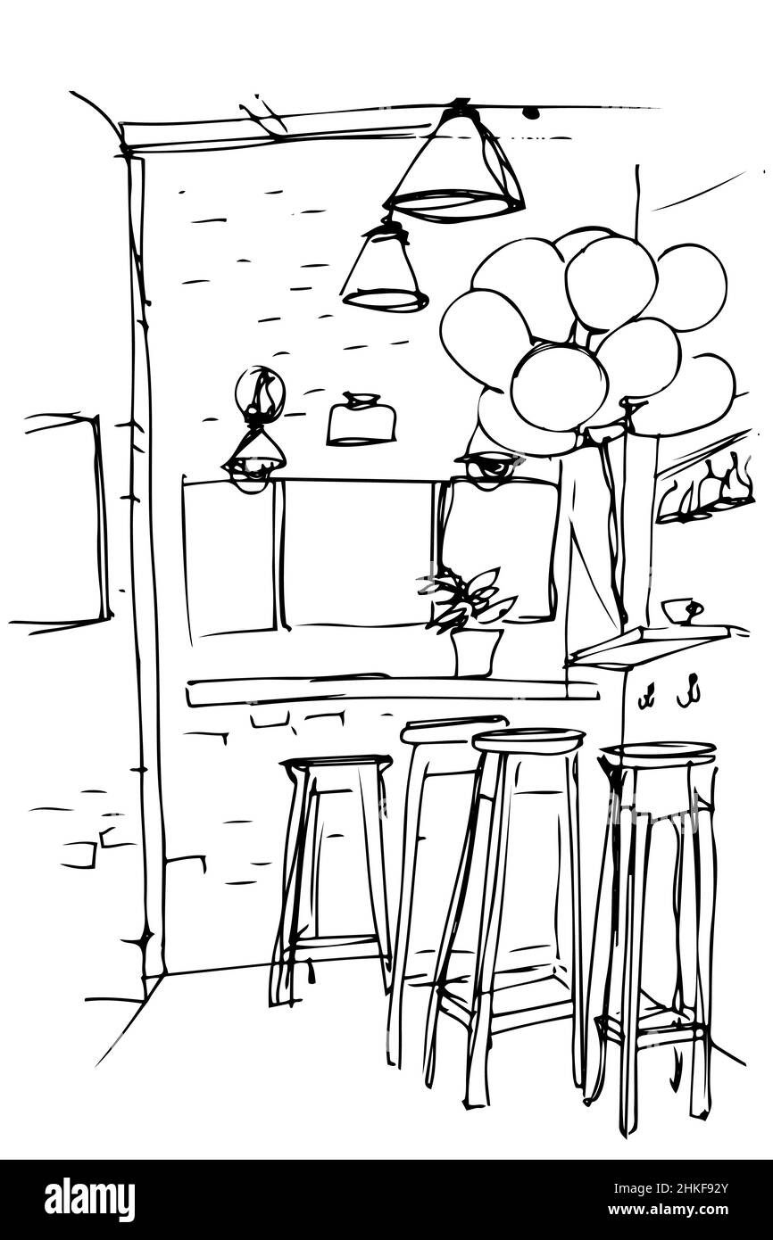 dessin vectoriel noir et blanc des hauts tabourets dans la cuisine Banque D'Images