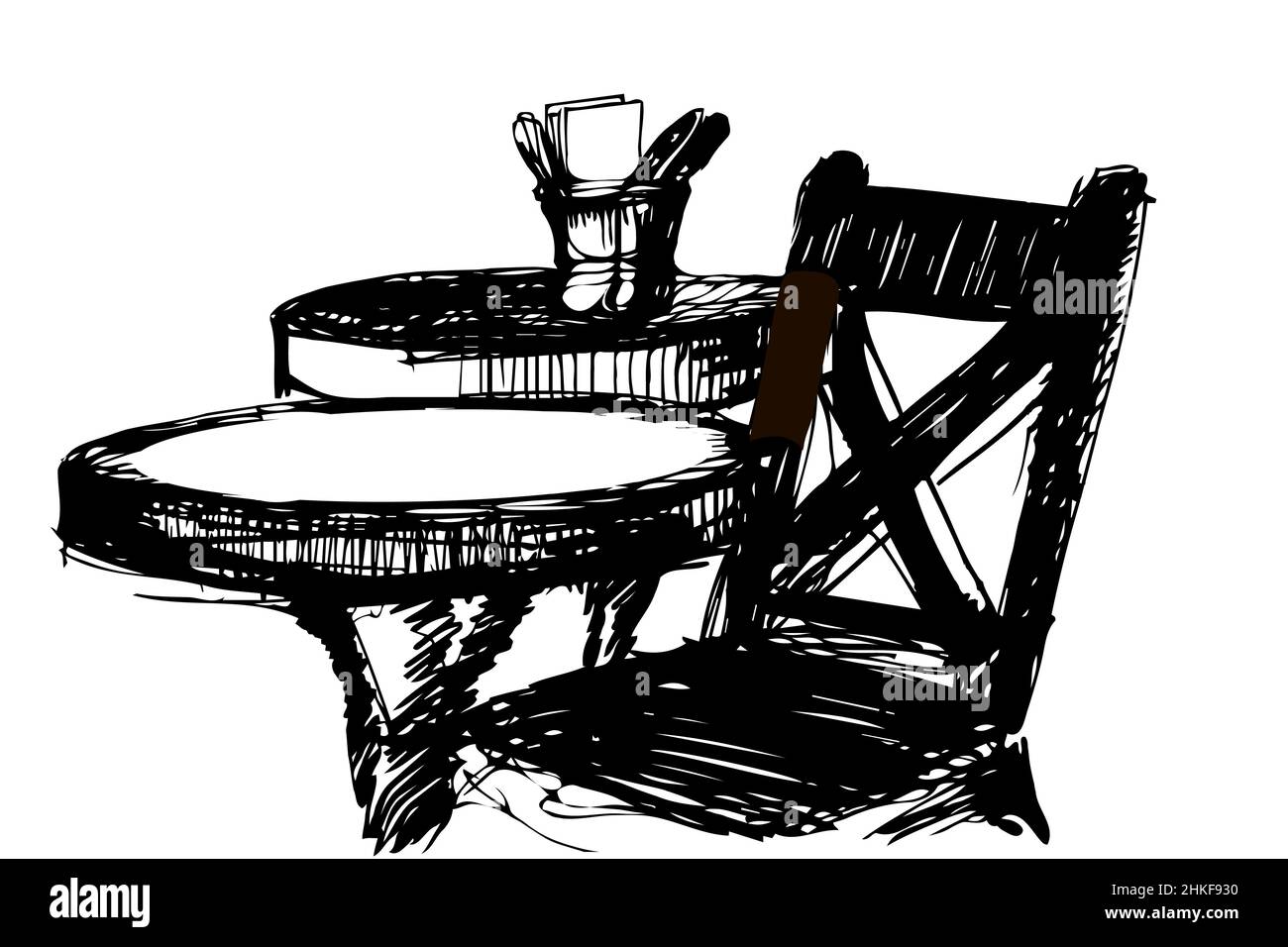 dessin vectoriel noir et blanc d'une chaise en bois près de la table ronde Banque D'Images