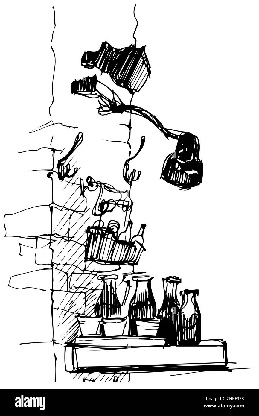 dessin vectoriel noir et blanc de la lampe sur un mur de briques de bouteilles Banque D'Images