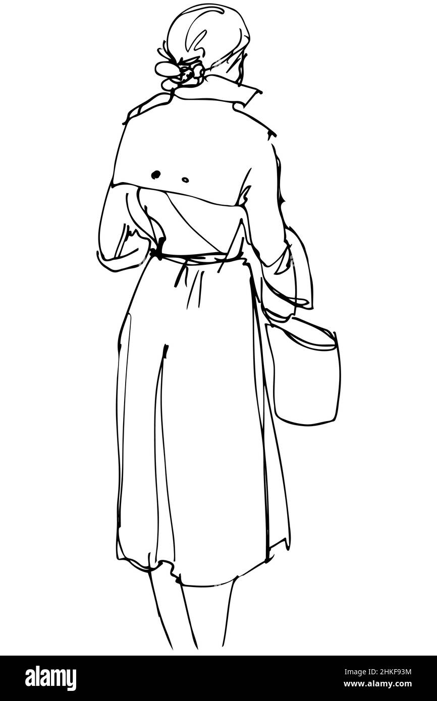 dessin vectoriel noir et blanc d'une femme avec un sac debout avec son dos à nous Banque D'Images