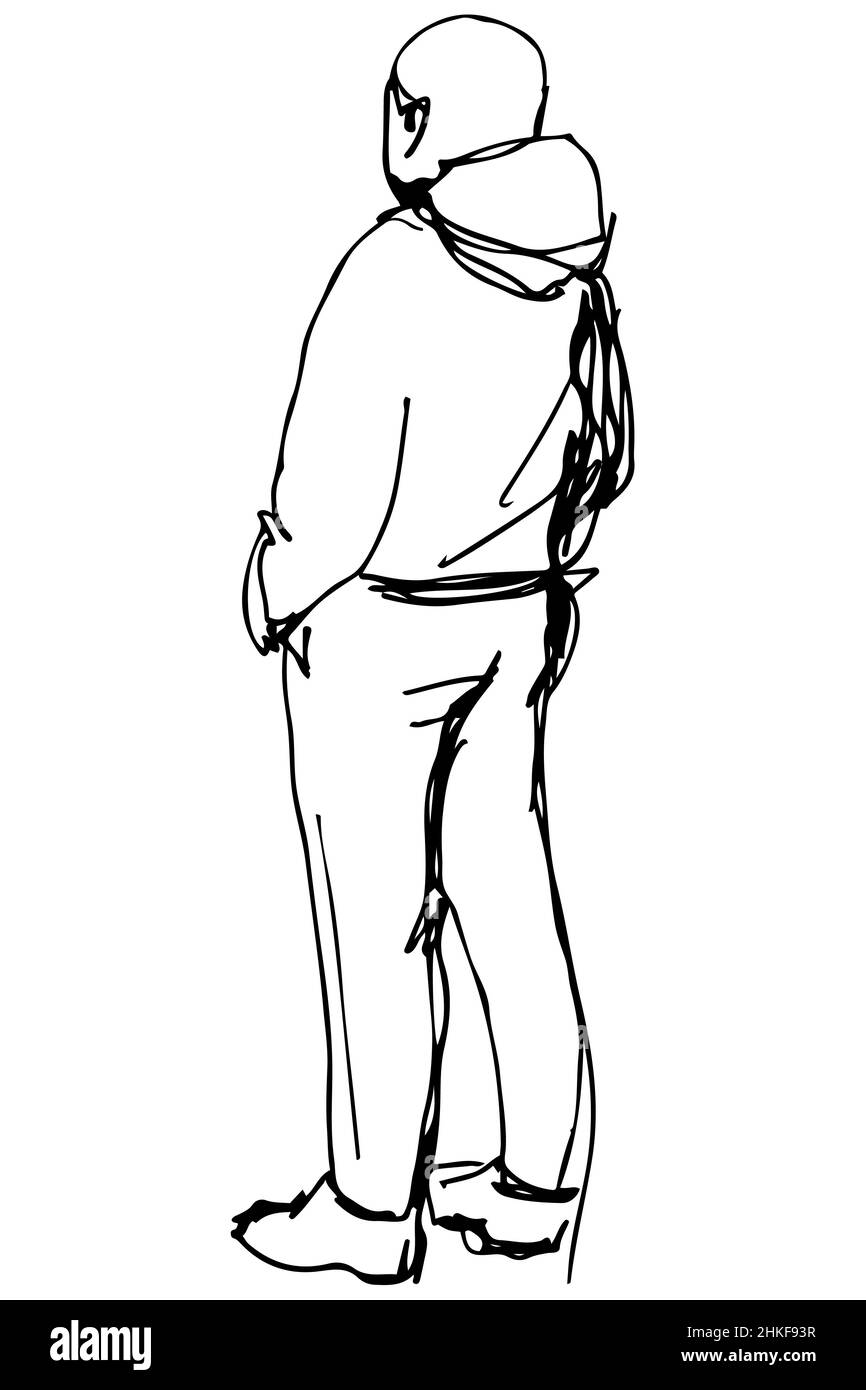 dessin vectoriel noir et blanc d'un homme dans une veste avec une capuche de retour à nous Banque D'Images