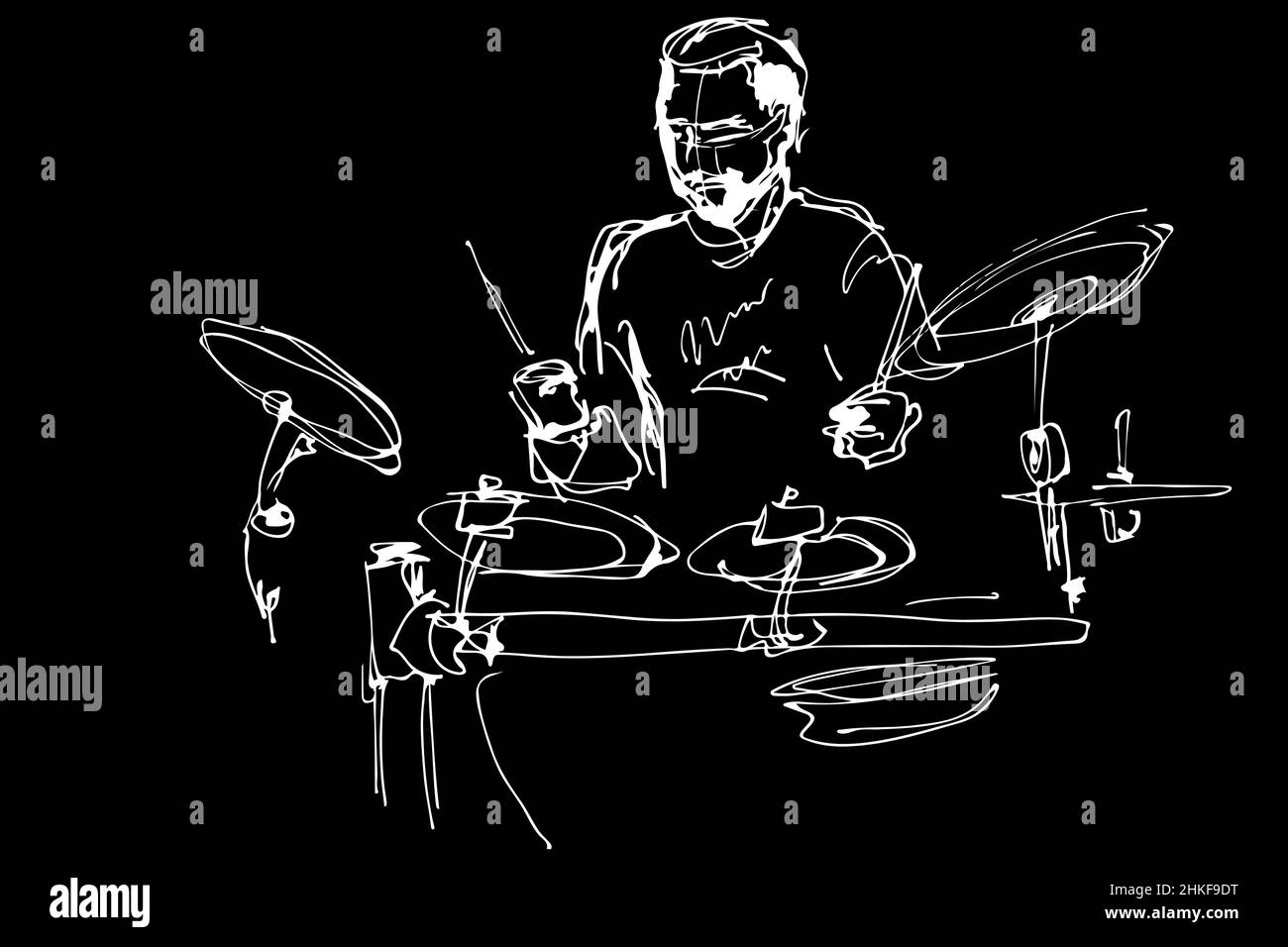 le dessin vectoriel noir et blanc d'un musicien avec une barbe joue des tambours pop Banque D'Images