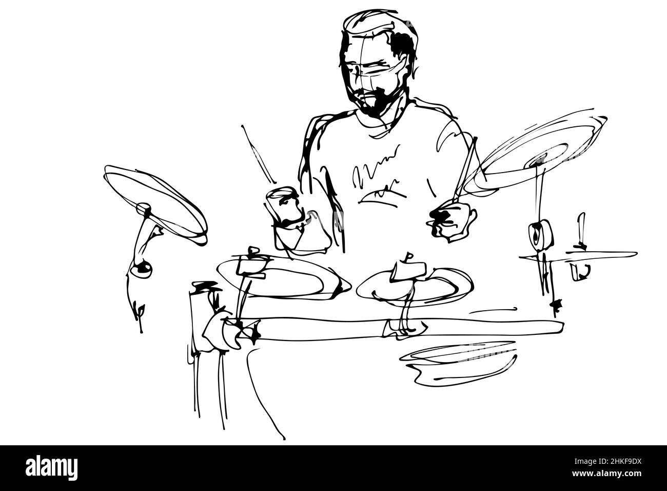 le dessin vectoriel noir et blanc d'un musicien avec une barbe joue des tambours pop Banque D'Images