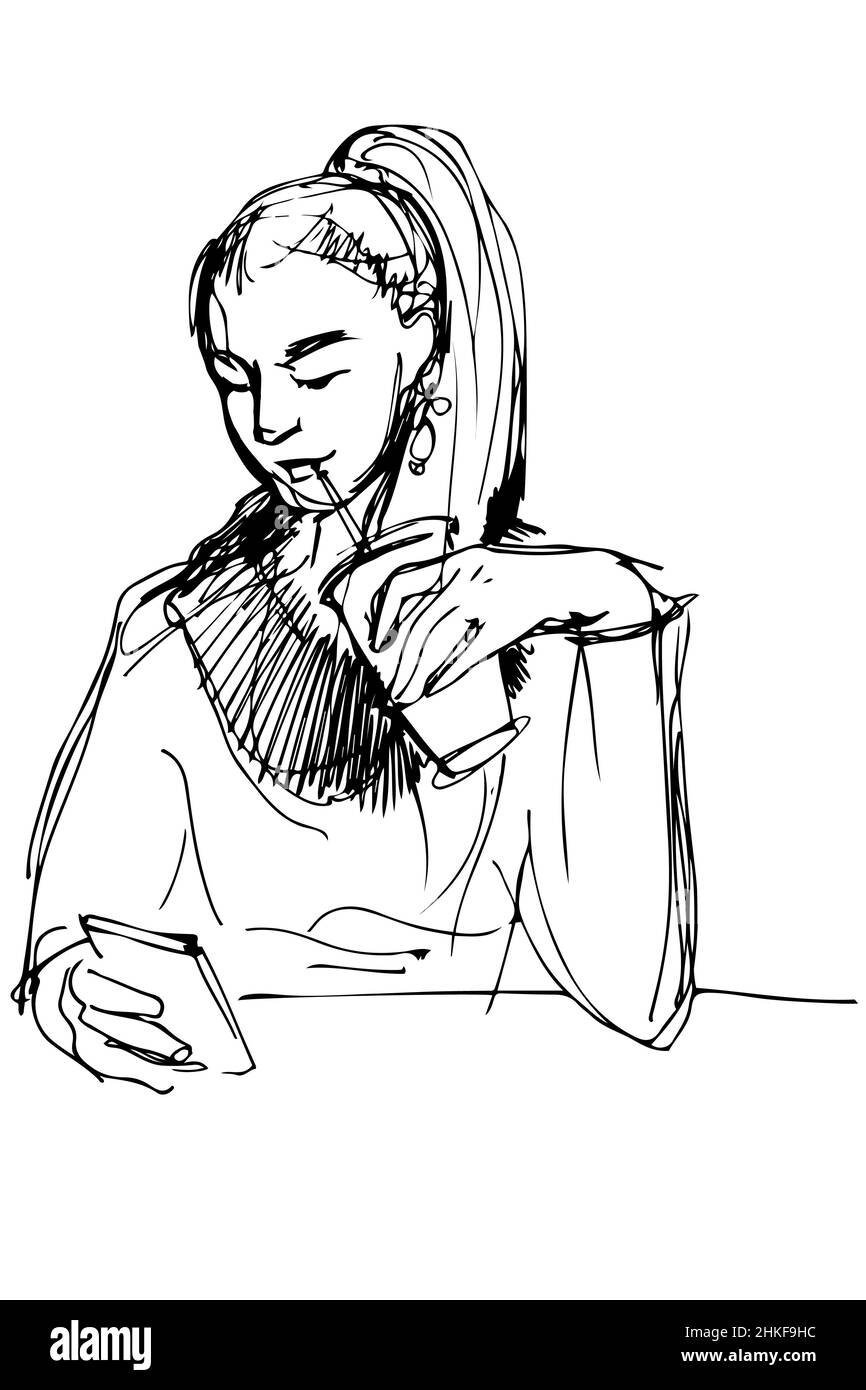 dessin vectoriel noir et blanc d'une fille buvant à travers une paille et regardant le téléphone Banque D'Images