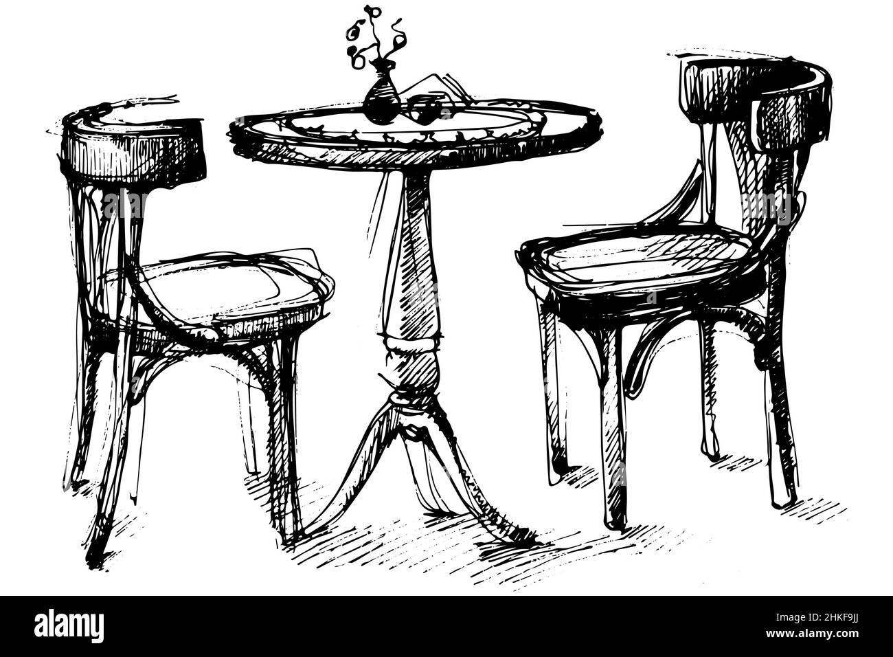 Dessin vectoriel noir et blanc d'une table ronde en bois et de deux chaises à Vienne Banque D'Images
