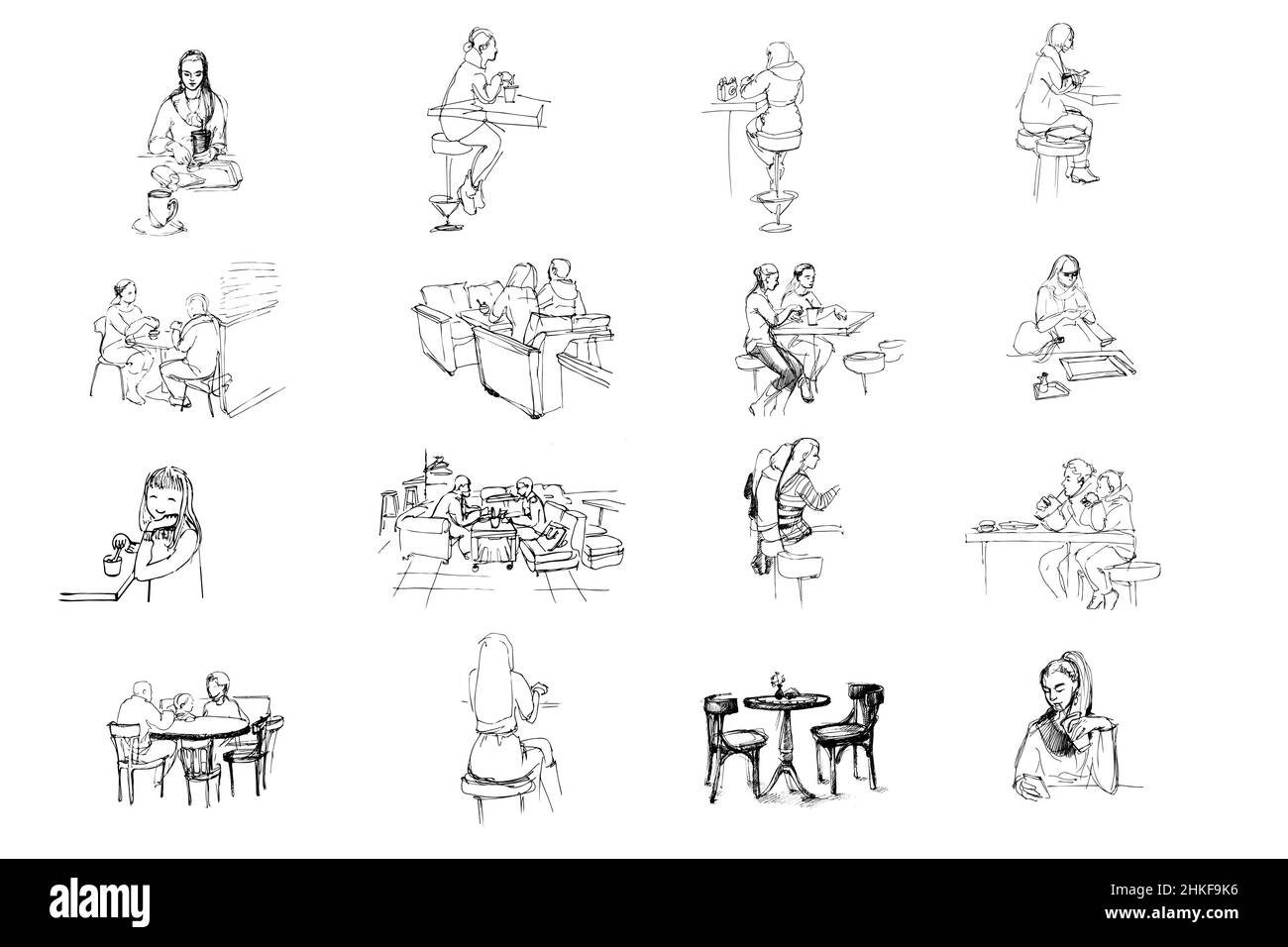 ensemble vectoriel noir et blanc de croquis de personnes assises dans un café Banque D'Images