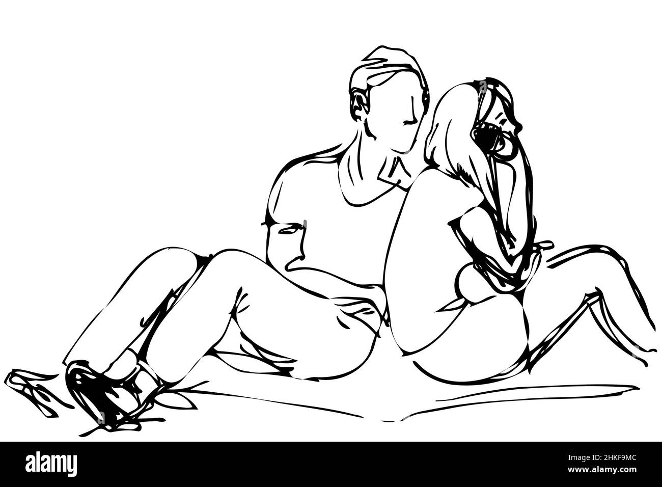 Dessin vectoriel noir et blanc d'un jeune homme et d'une jeune fille assis sur un tapis dans le parc Banque D'Images