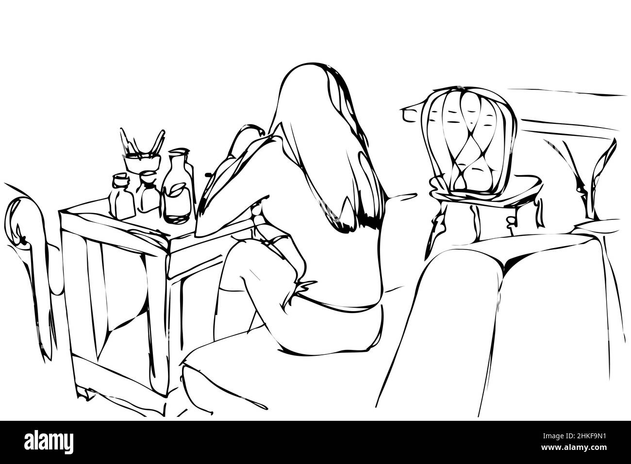 Dessin vectoriel noir et blanc d'une jeune femme sur un canapé à une table dans un café Banque D'Images